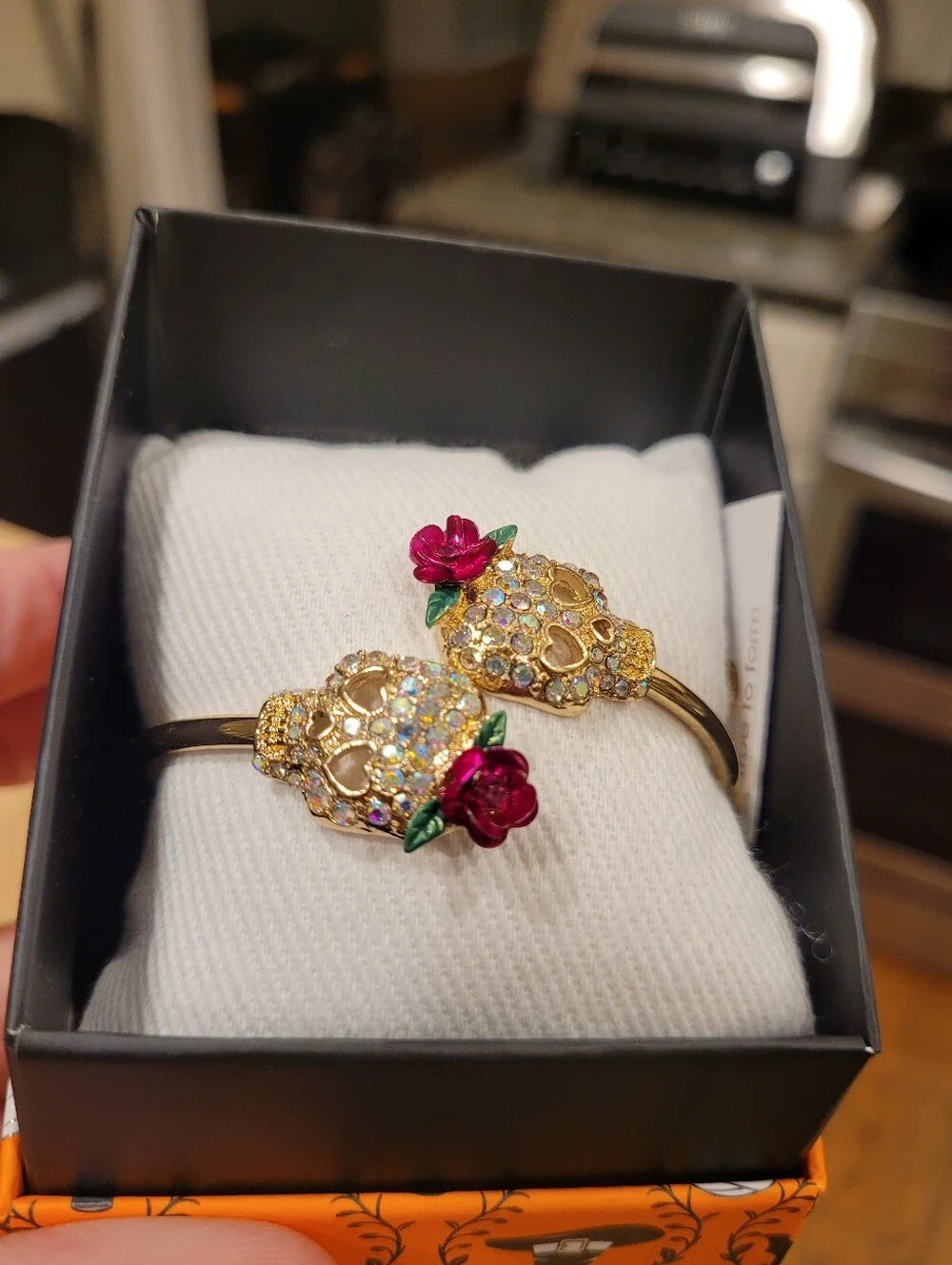 NEW True To Form Gold-Tone Skull Bracelet & Hoop Earrings with Pink Rose Accents